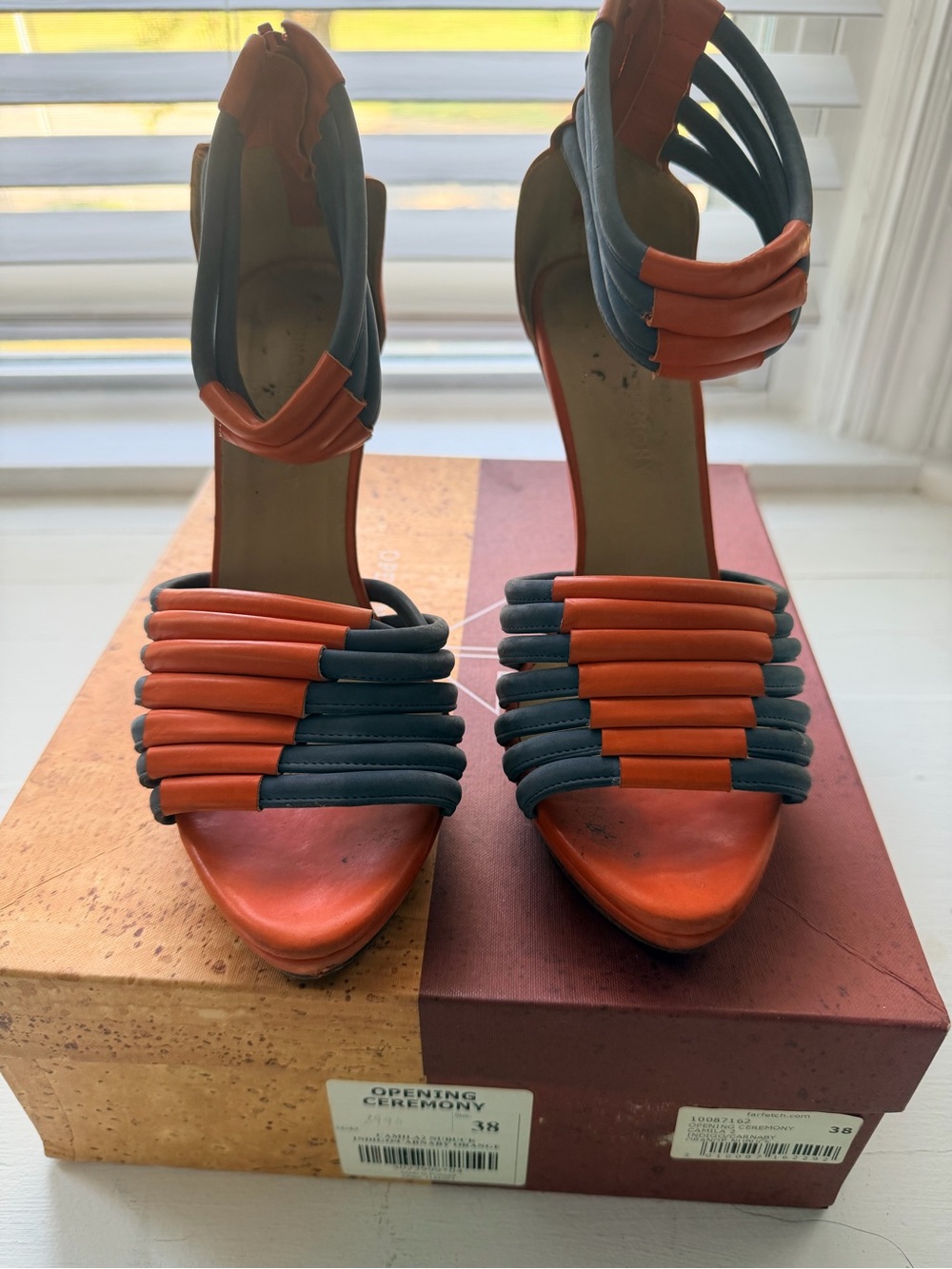 Opening Ceremony Orange and Navy Multi-Strap High Heel Sandals